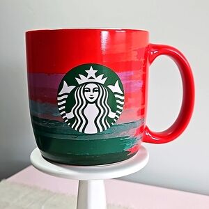 STARBUCKS Brush Strokes Red Purple Green Striped Mug 18 oz.